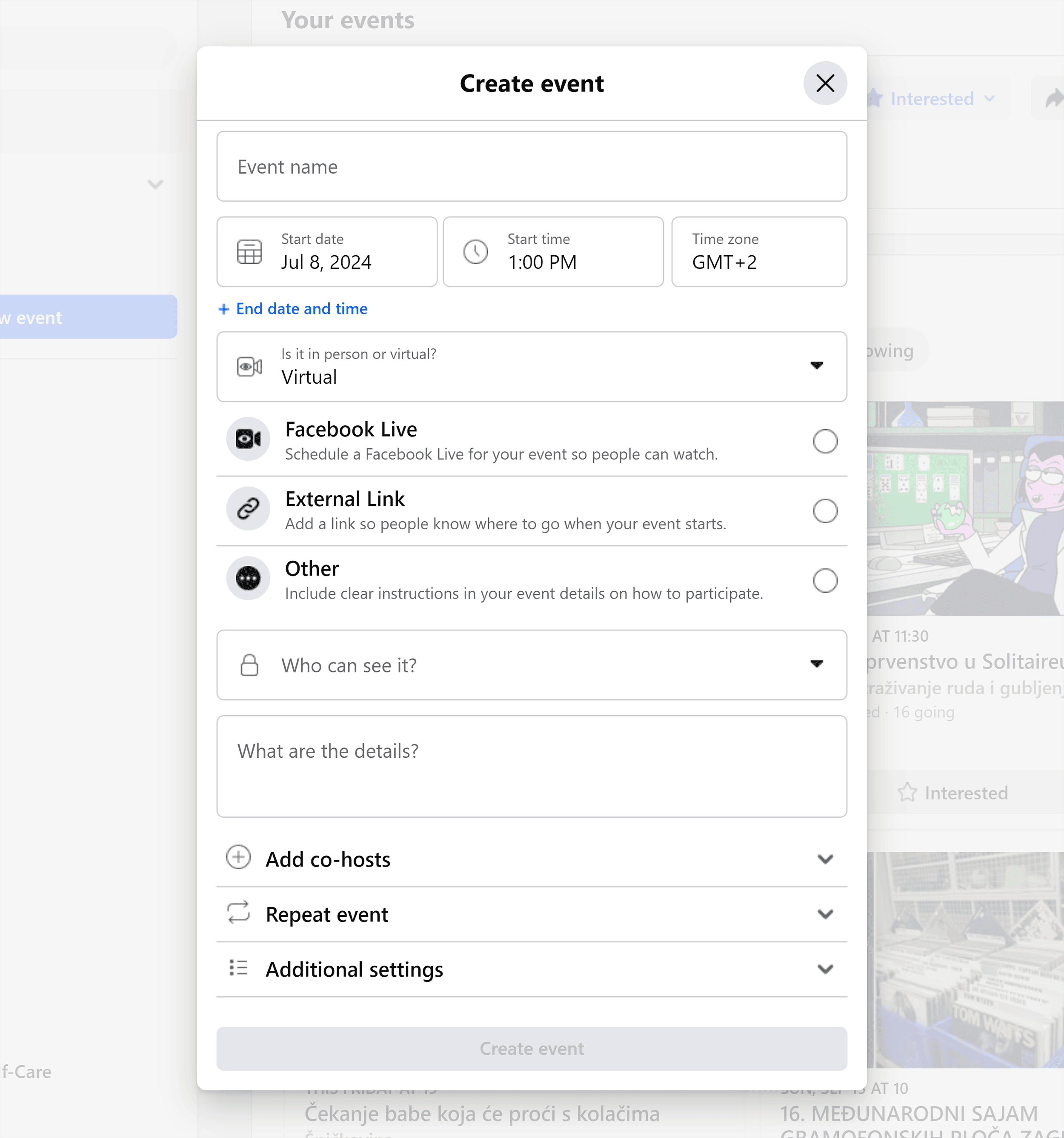 Facebook – Create event Facebook – Create event