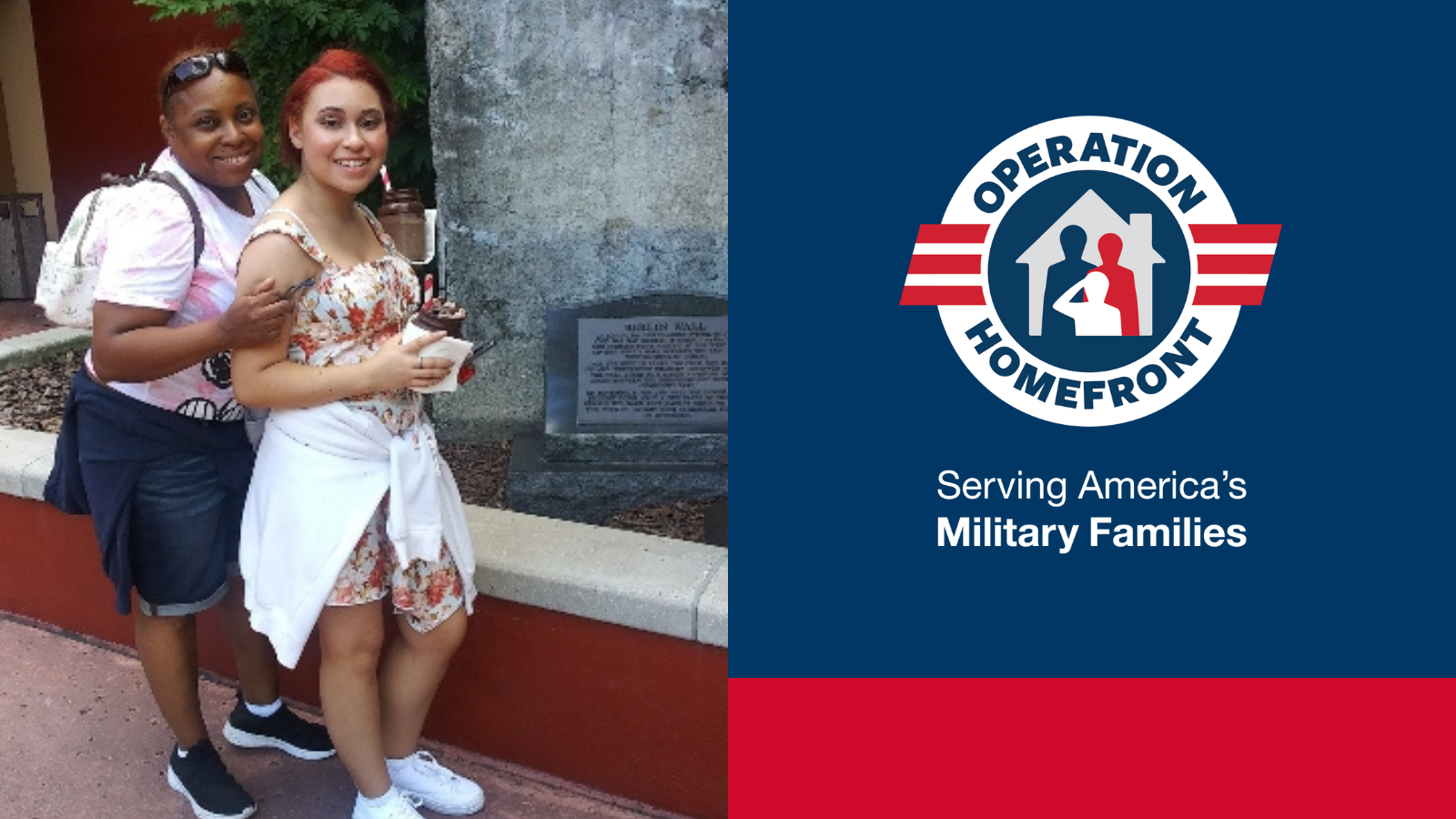 two women hugging with operation homefront logo next to them