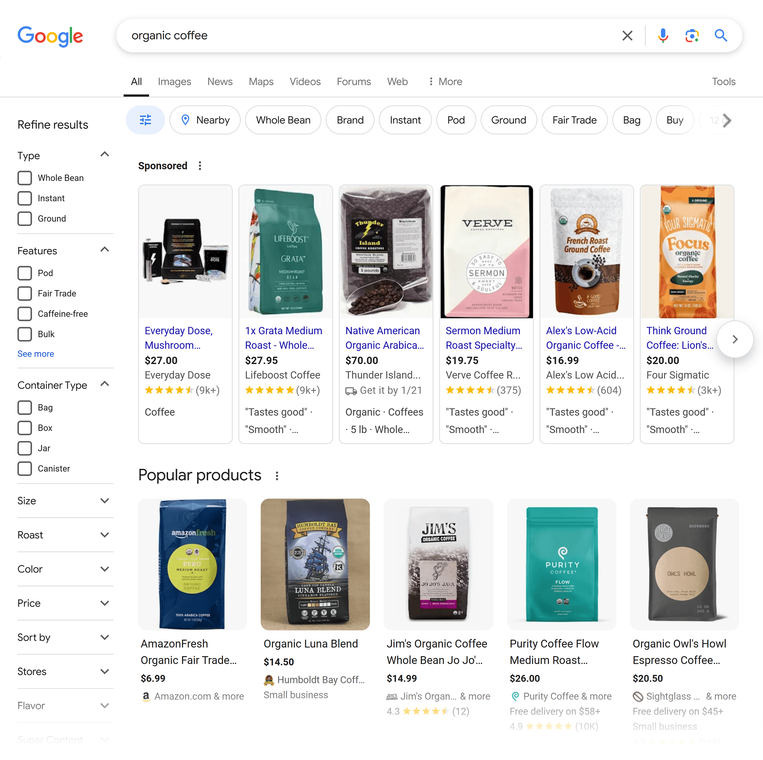 Google SERP – Organic coffee
