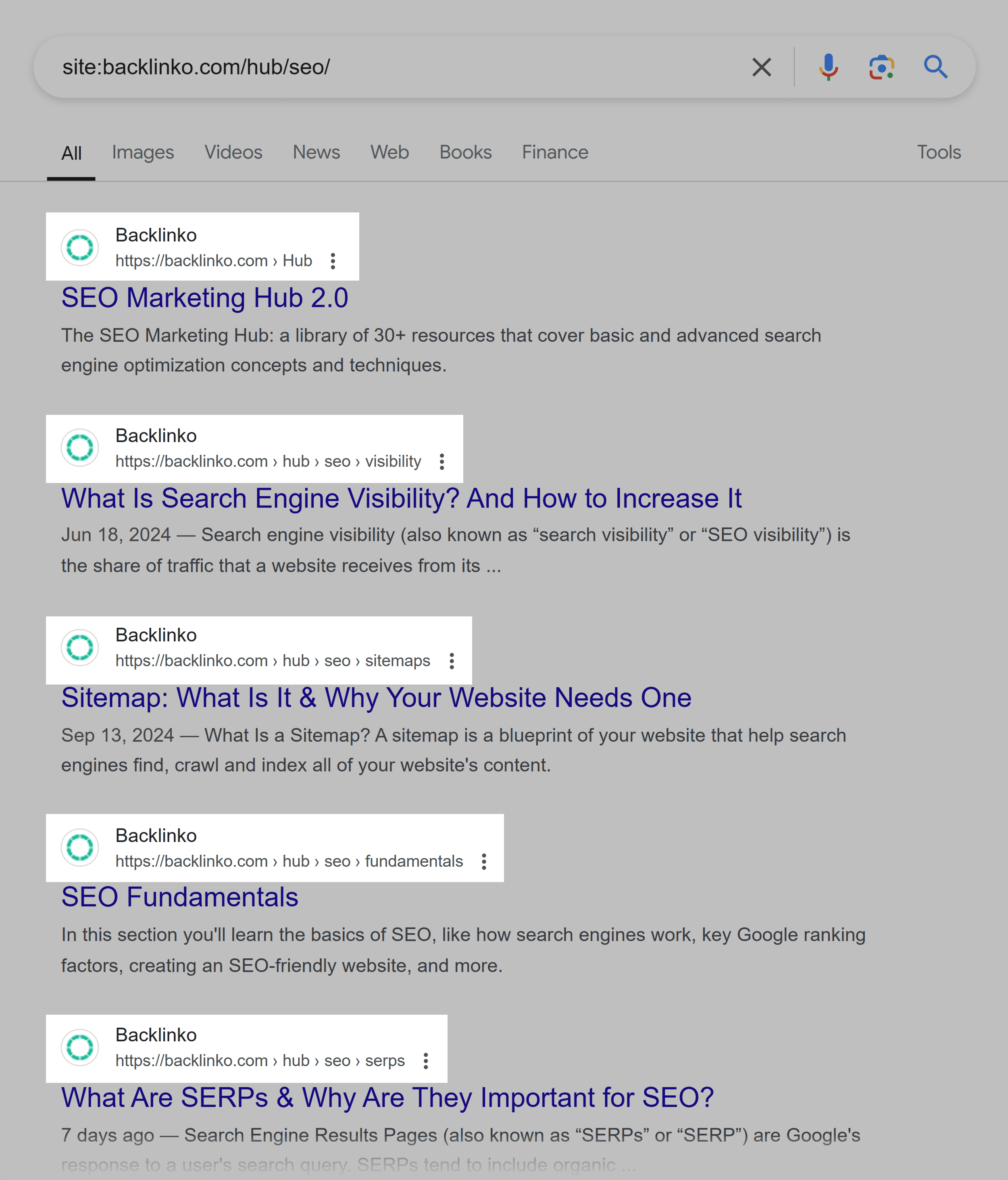Google SERP – site:backlinko.com/hub/seo/ Google SERP – site:backlinko.com/hub/seo/