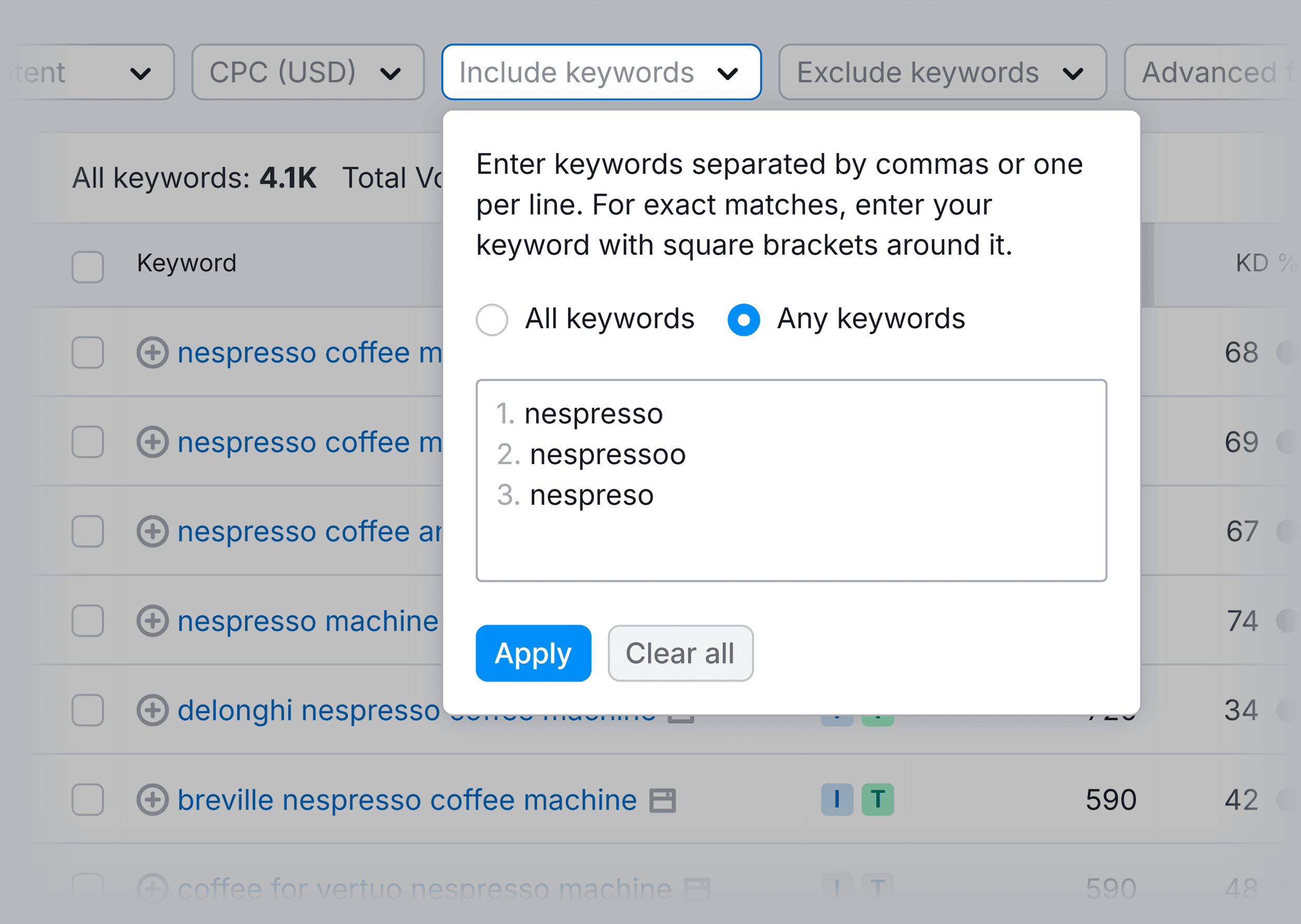 Keyword Magic Tool – Include keywords filter Keyword Magic Tool – Include keywords filter