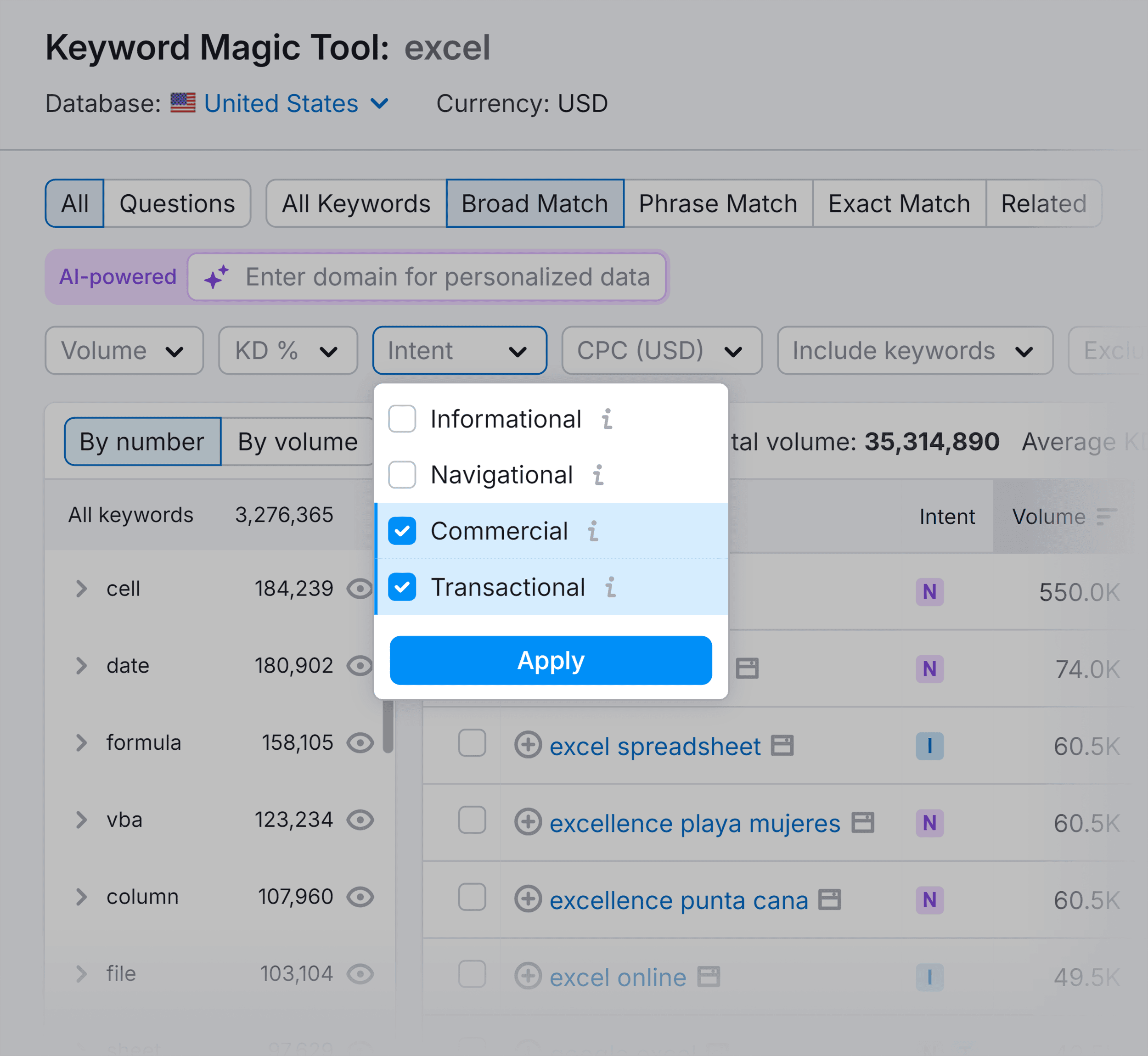 Keyword Magic Tool – Intent filter – Excel Keyword Magic Tool – Intent filter – Excel