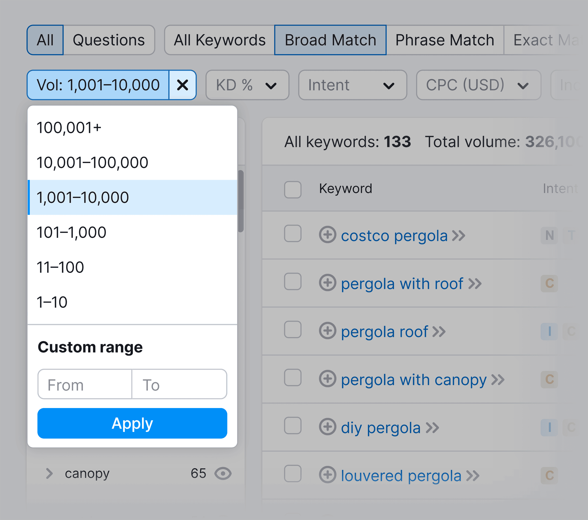 Keyword Magic Tool – Volume filter Keyword Magic Tool – Volume filter