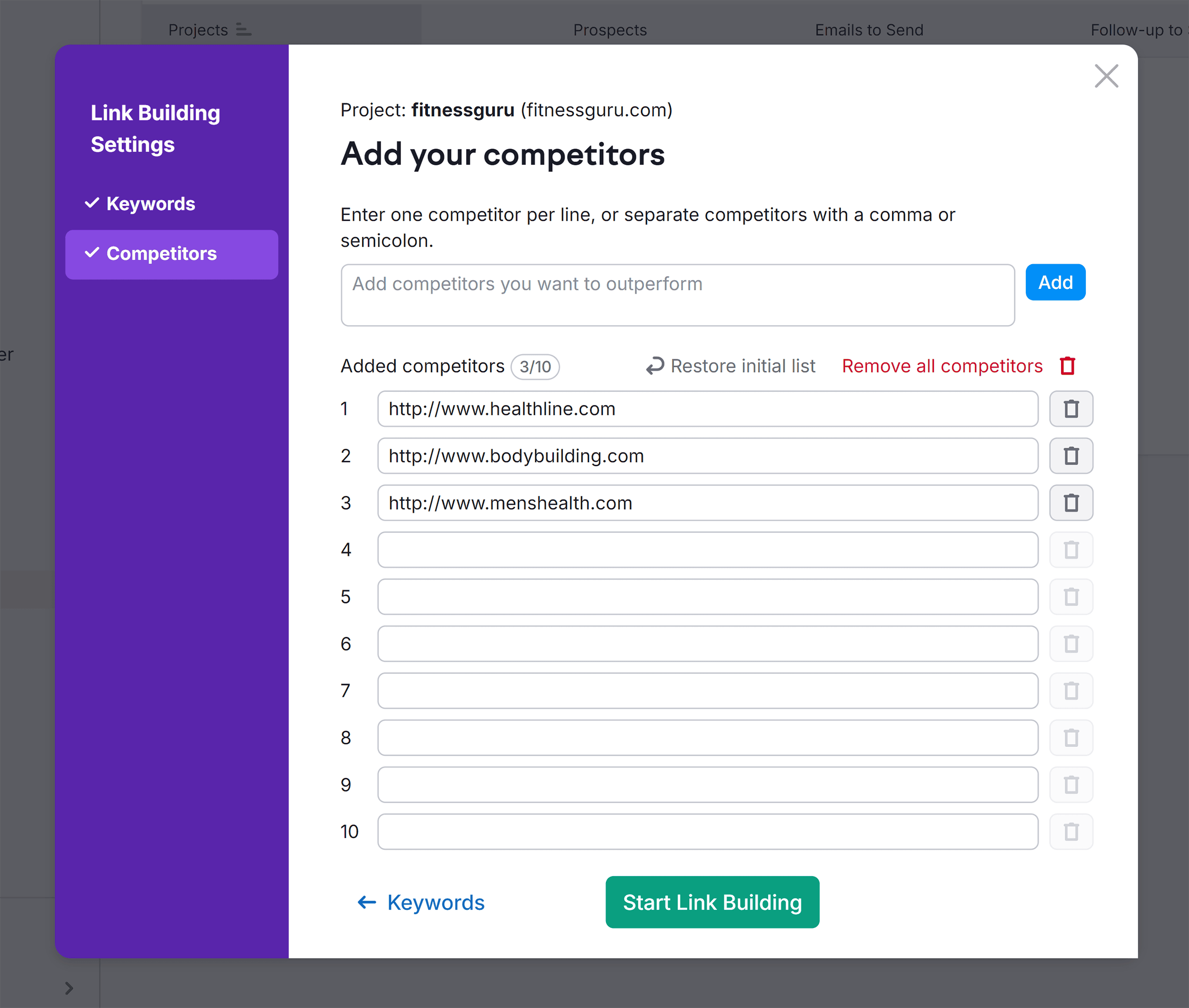 Link Building Tool – Add competitors Link Building Tool – Add competitors