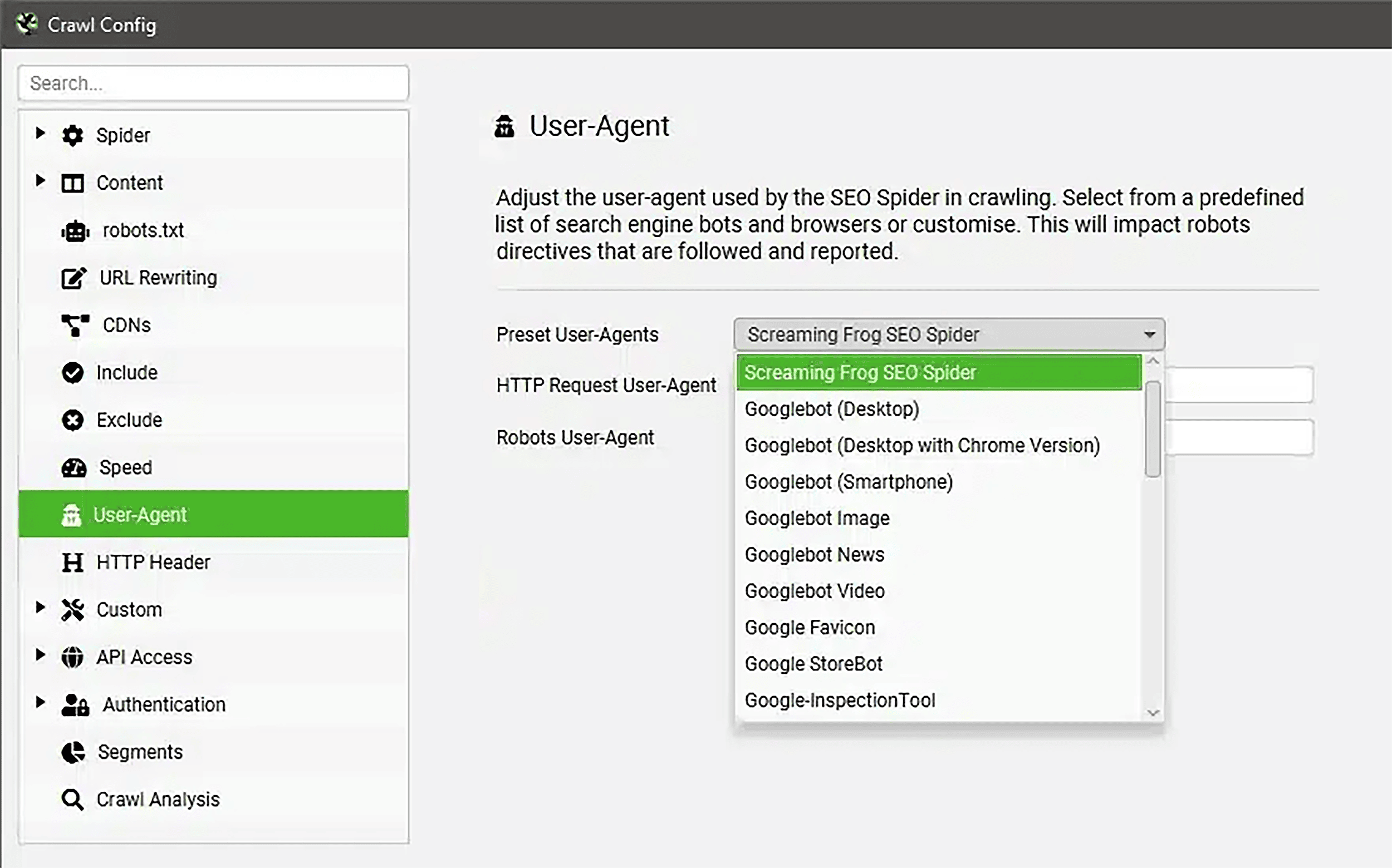Screaming Frog – User-Agent