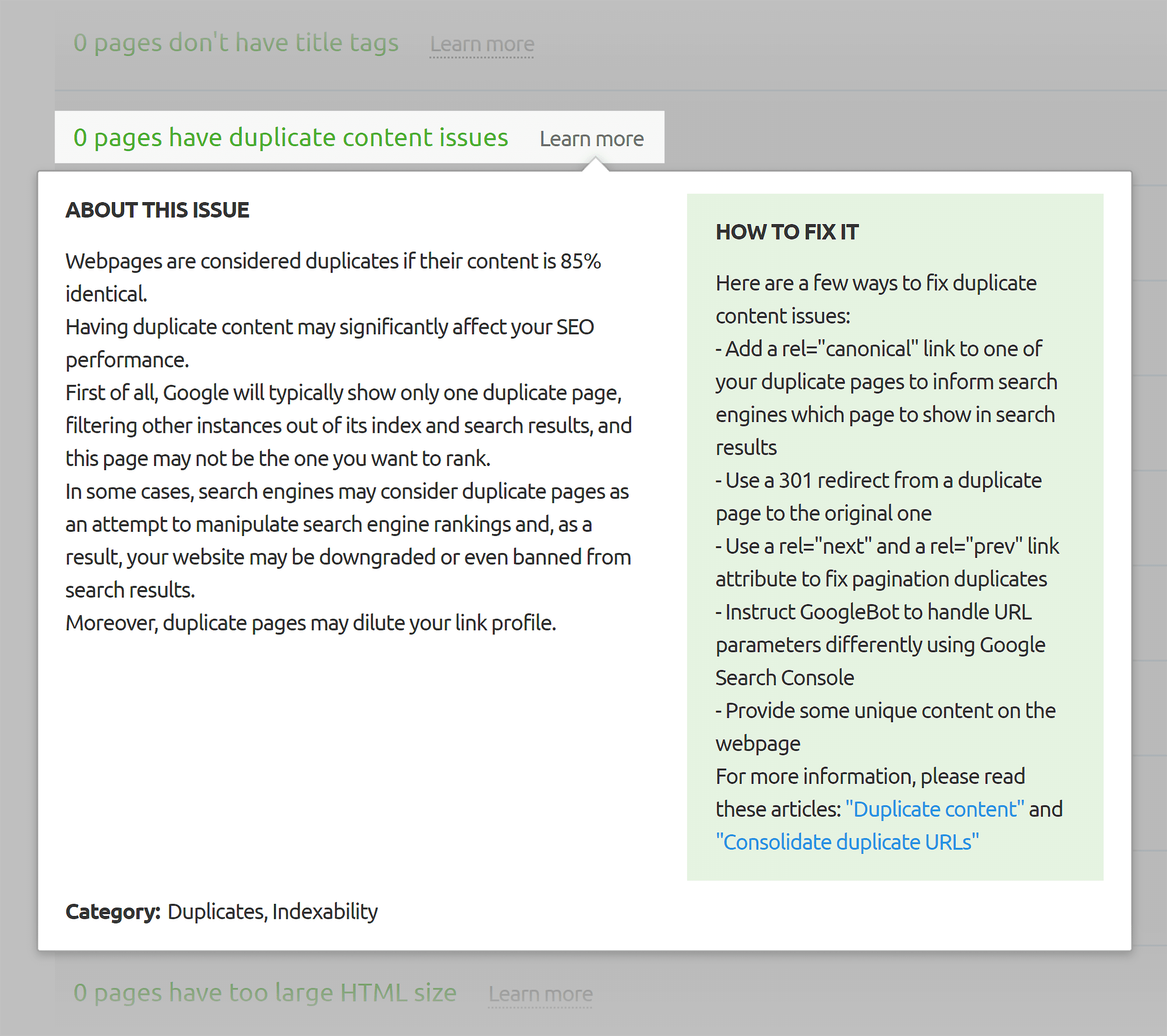 Semrush – Site audit – Duplicate content Semrush – Site audit – Duplicate content