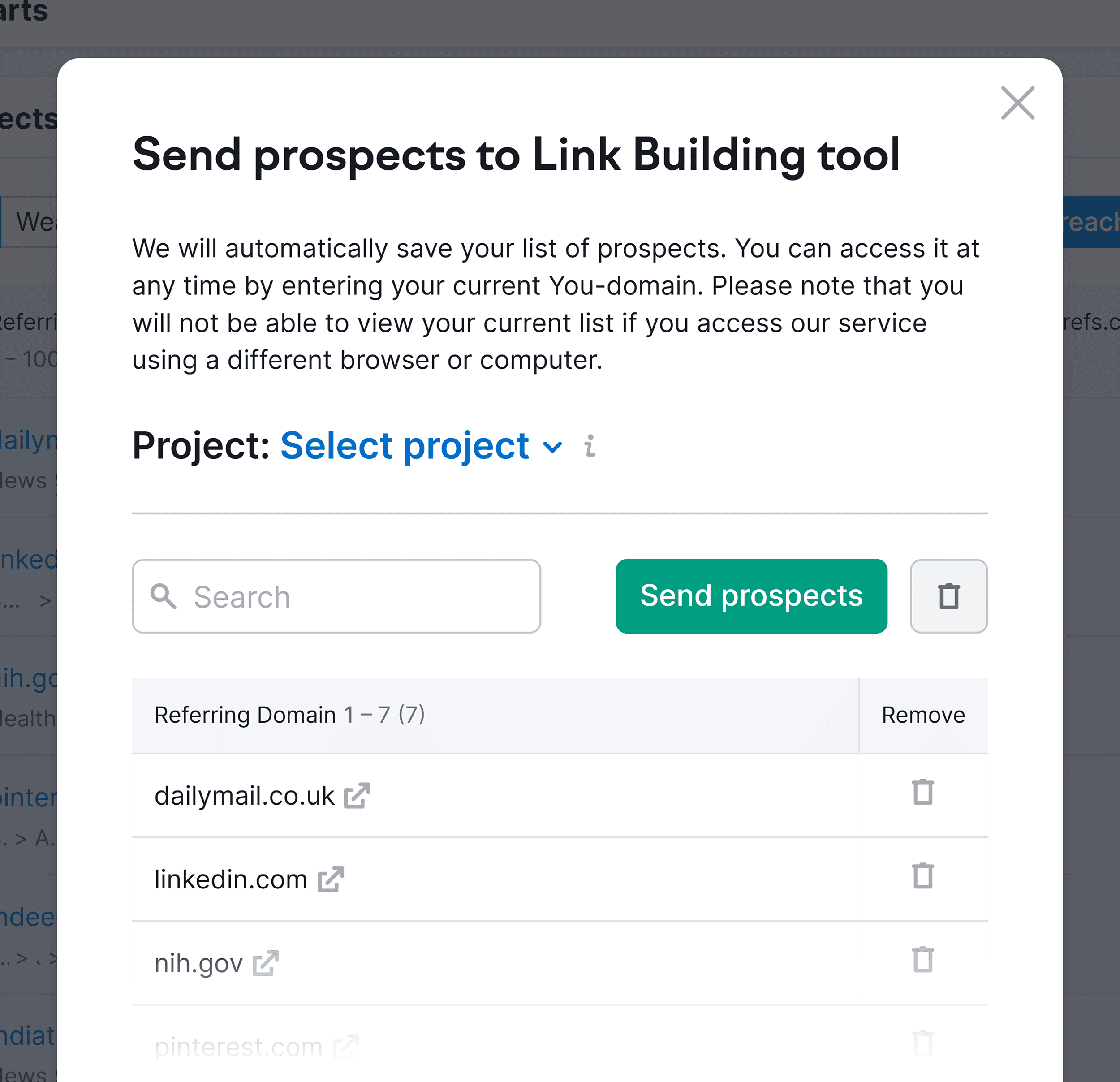 Send prospects to Link Building tool Send prospects to Link Building tool