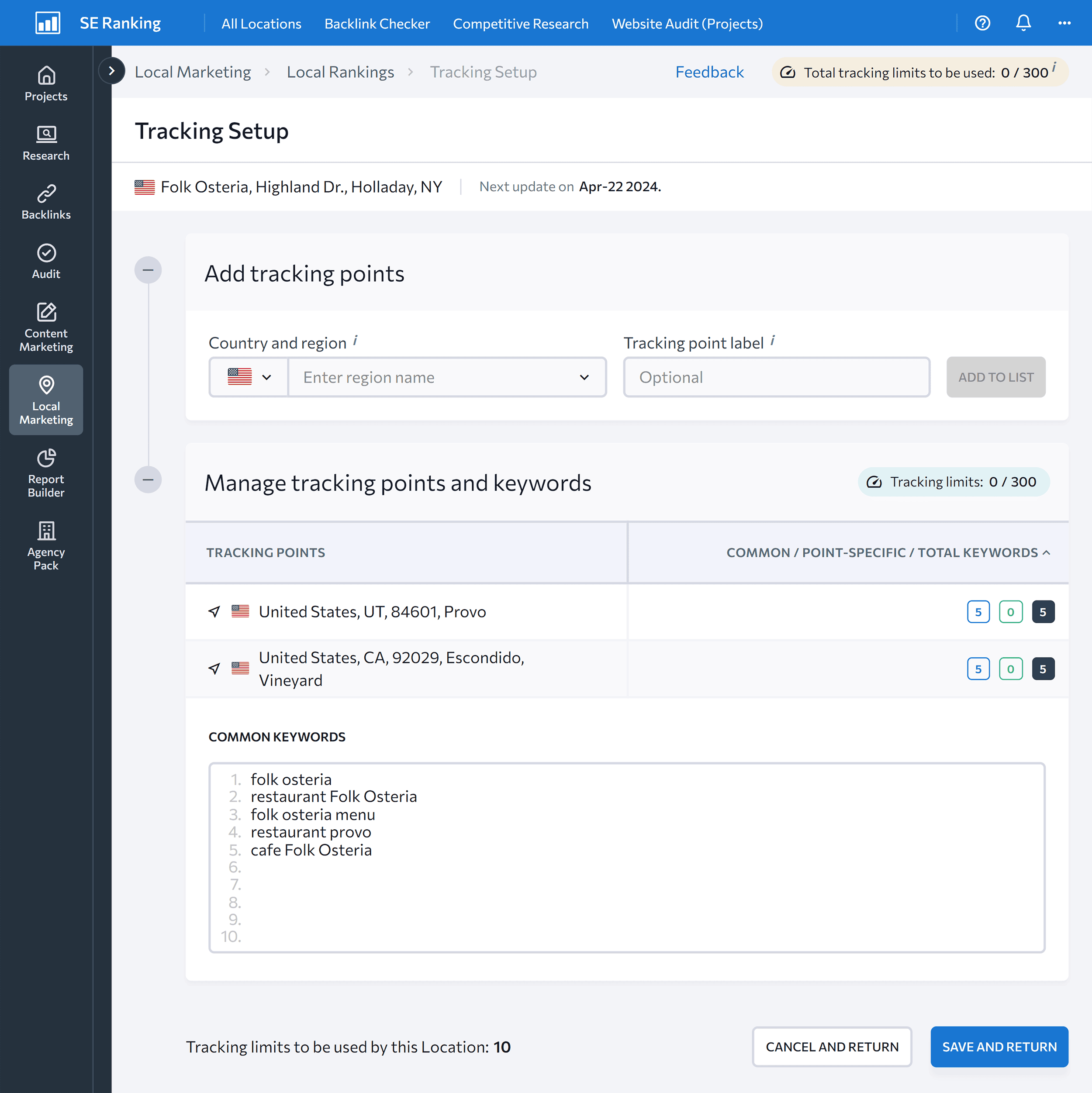 SE Ranking – Local rankings setup SE Ranking – Local rankings setup