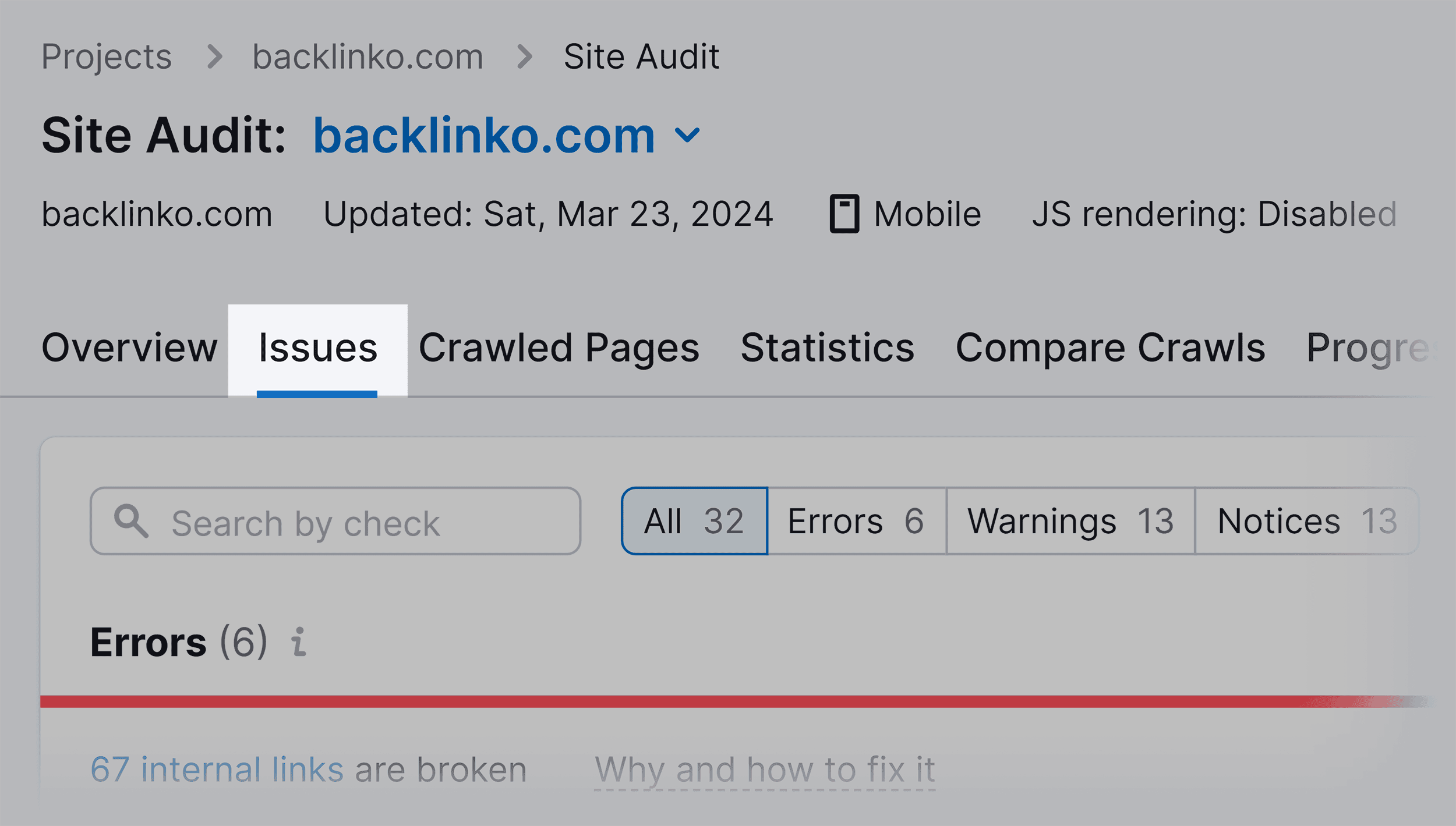 Site Audit – Issues tab Site Audit – Issues tab